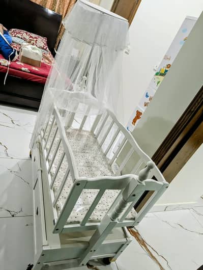 Beautiful White Wooden Baby Cot | Swing + Net + Drawers | Like New