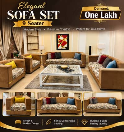 Elegant 9-Seater Living Room Sofa Set with Floral Cushions