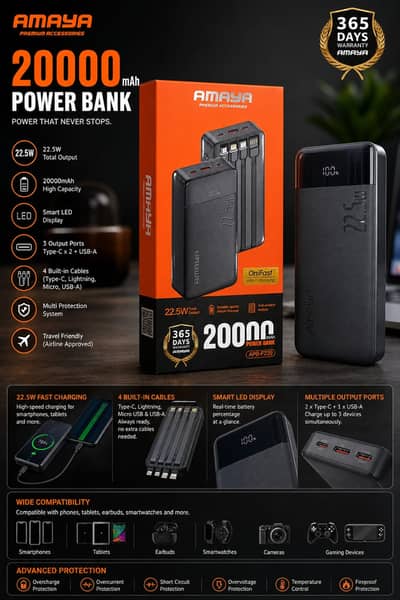 Original Amaya 30000mAh Power Bank – Ultra Capacity & Built-In Cables