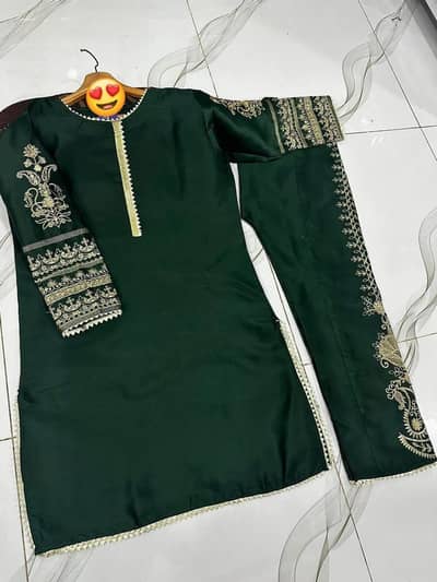 green embroidered shamoz silk 2pc women set