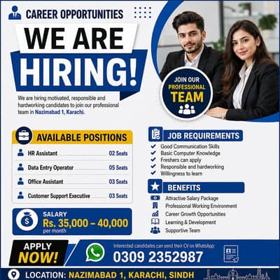 Hiring Now Karachi Nazimabad | HR Assistant, Social Media Marketing