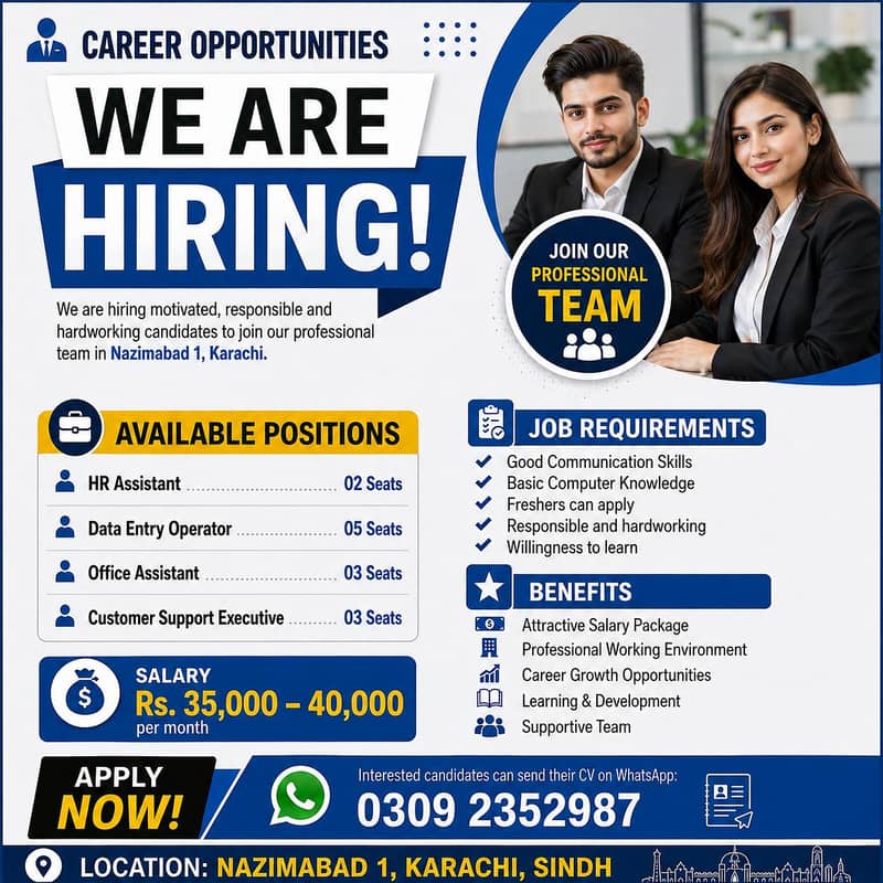 Hiring Now Karachi Nazimabad | HR Assistant, Social Media Marketing 0