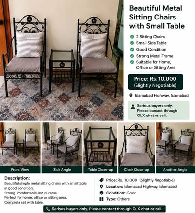 beautiful metal sitting chairs with small table _  good  condition