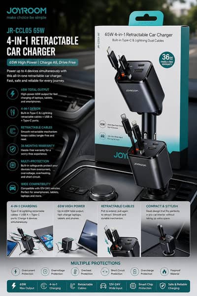 Joyroom JR-CCL05 65W 4-in-1 Retractable Car Charger