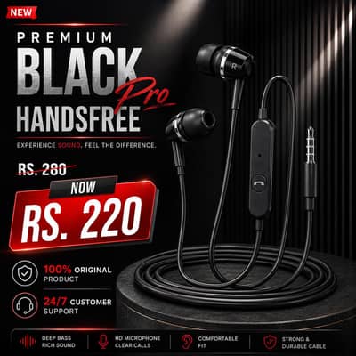 Premium Black Handsfree /  Wired Earphones