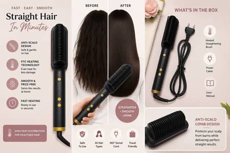 Electric Hair Straightening Brush – Fast Heating & Smooth Hair