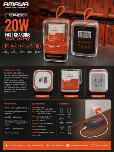 Amaya ACW-E200D 20W Fast Charging Travel Adapter: