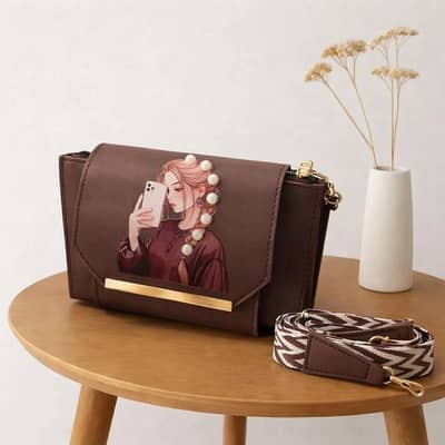 Brown Printed Leather Women's Handbag With Adjustable Strip