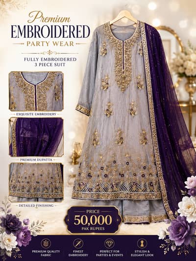 Premium Embroidered Party Wear 3-Piece Suit – Grey & Purple | 50,000