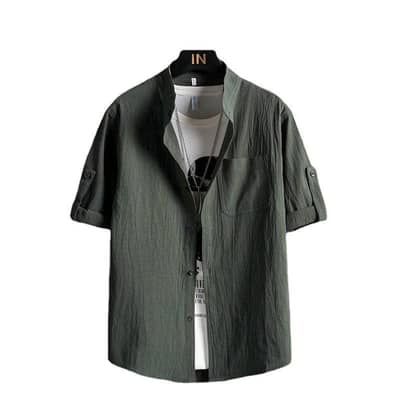 Men Plus Size Solid Green Short Sleeve Shirt Summer Cotton
