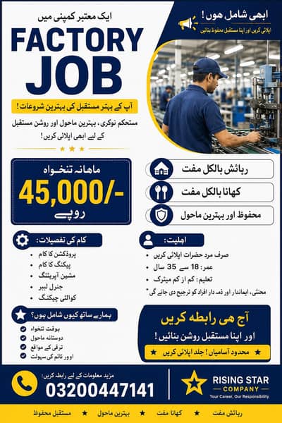 Factory Jobs – Salary 45,000 + Free Food & Accommodation