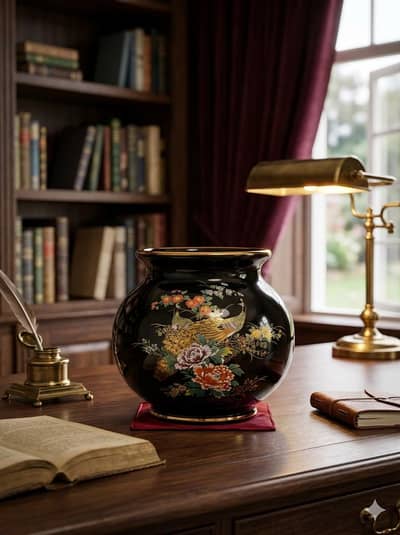 Vintage Oriental Black Ceramic Vase Beautiful Peacock &Floral Art