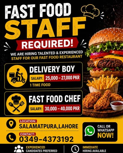 Fast Food Chef,Delivery Boy Urgent Required