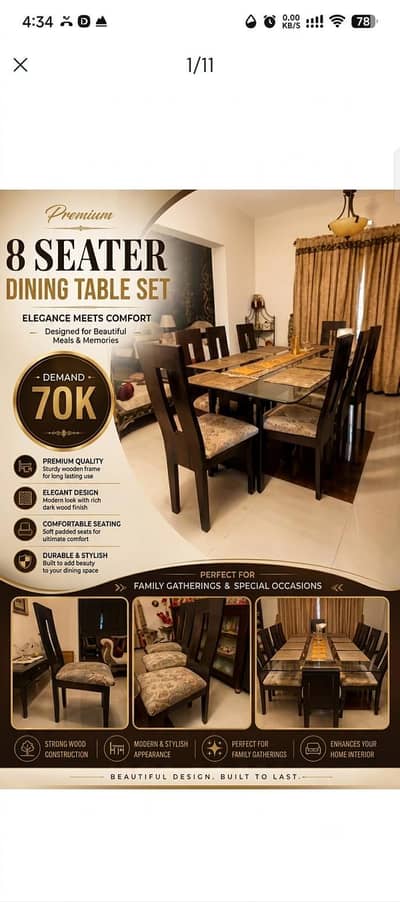 Elegant 8 Seater Dining Table with Glass Top & Cushioned Chairs