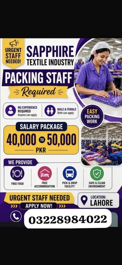 sapphire factory hiring packing work garments packing male female job
