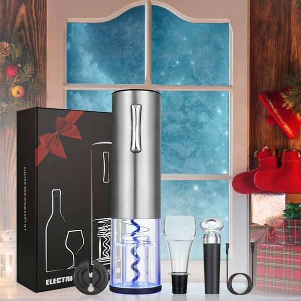 Anpro Electri Bottle Opener, 18 cm, Automatic Electric Bottle Corkscrew Opener Set with Foil Cutter, Rechargeable (Stainless Steel), USB Cable Charging Valentine’s Day gifts for mom/Her/wife