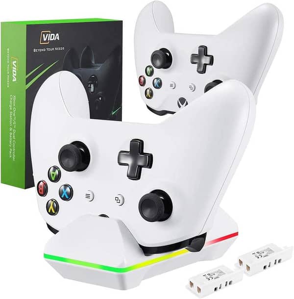 CVIDA Dual Xbox One One S One Elite Charging Station with 2 Rechargeable Battery Packs White for Wireless Controllers