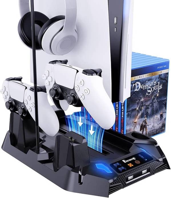 Benazcap PS5 Console Stand Vertical with Cooling Fan & Dual Controller Charging Dock 15 Game Disc Storage Black