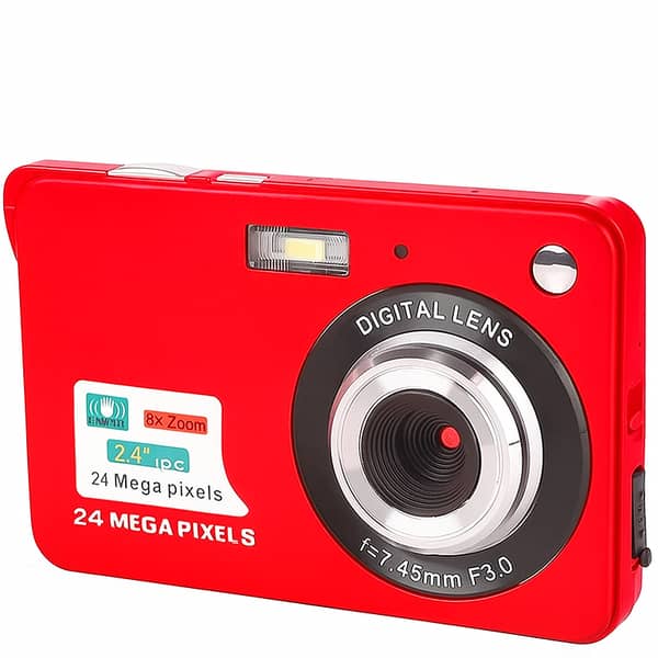 CamKing Digital Camera, 2.4 inches FHD Pocket Cameras Rechargeable 24MP Camera for Backpacking with 8X Digital Zoom Compact Cameras for Photography with Card 32GB, Red