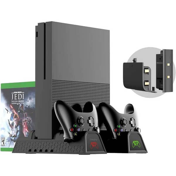 DOBE XBOX ONE, XBOX ONE S, XBOX ONE X Multi-Function Vertical Cooling Stand with Charging Dock, TYX-1840, Dual Charger Docking Station with LED, 2X 600mAh Controller Battery Pack, 12x Games Storage Slot.