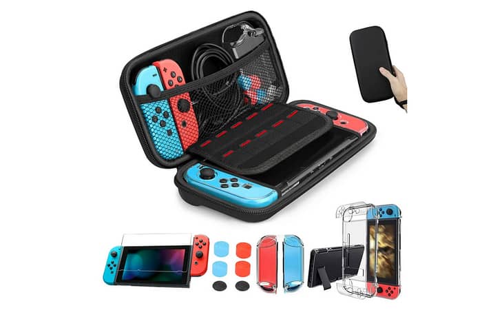 TSV Carrying Case for Nintendo Switch – 14-in-1 Accessories Bundle with Protective Travel Pouch, Clear Cover, Screen Protector & Thumb Grips