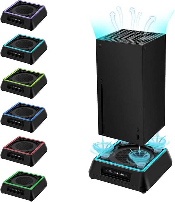 Xbox Series X Cooling Fan Stand – 3 Adjustable Speeds, 6-Color RGB LED, Low Noise, Extra USB Ports – Console Cooling System