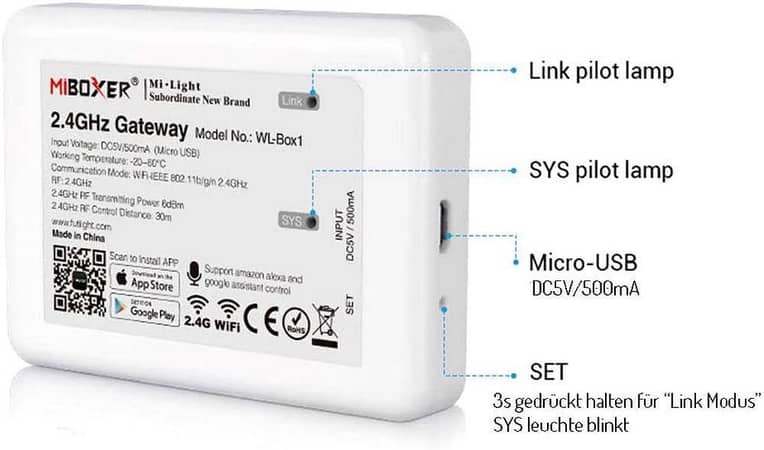 MiBoxer Mi-Light WL-Box1 Gateway Bridge for Controlling LED Control Devices Controllers Lamps with Smartphone, Amazon Echo Alexa, Google Assistant, Tuya,. . .