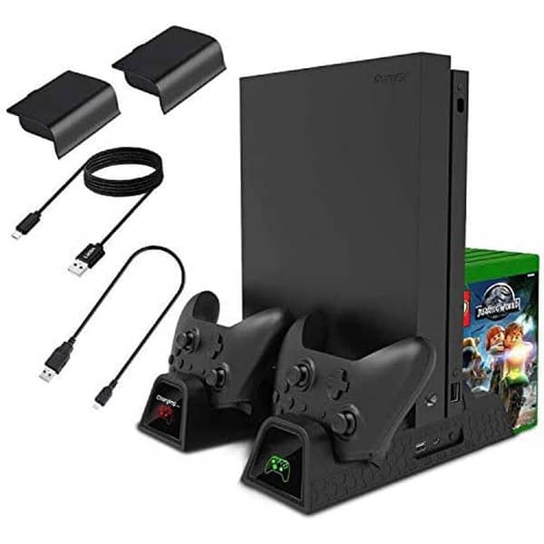 Lictin Xbox One Cooling Vertical Stand - Dual Controller Charging Docking Station for Xbox One/Xbox One S/Xbox One X Console with 2 Pack 600mAh Batteries and Charging Cables