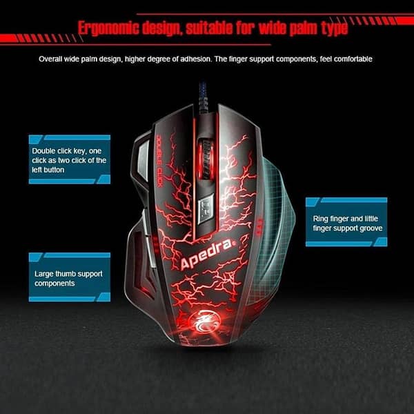 Apedra A7 High Precision USB Programmable Gaming Mouse with Multi-LED Lights and Multi-DPI Sensitivity