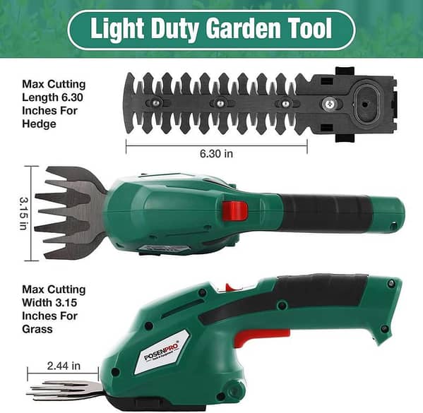 POSEN PRO Cordless Grass Shear, Hand Held Electric Hedge Trimmer, 7.2V Grass Trimmer with Rechargeable Battery and Charger, 2-in-1 Shrub Trimmer for Garden and Lawn