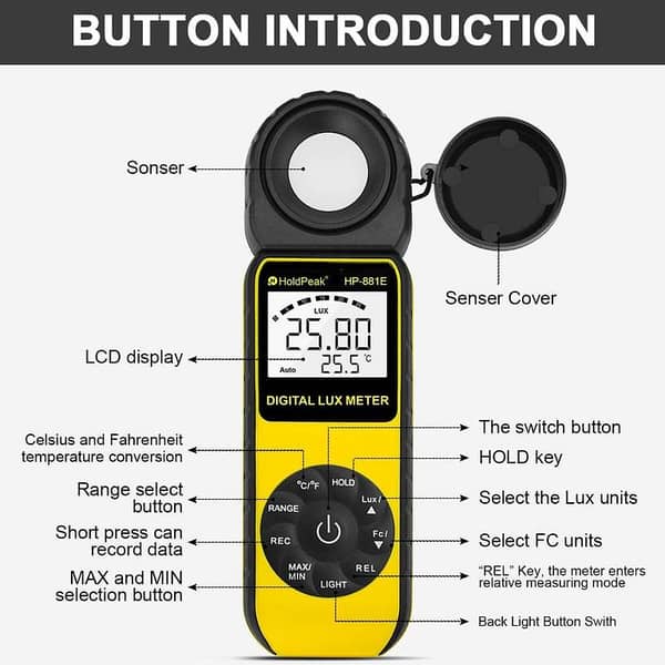 HOLDPEAK Digital Light Meter 881D Digital Illuminanc/Light Meter with 0.01~400,000 Lux Measuring Ranges and 270° Rotatable Detector for LED Lights and Plants Lumen Meter