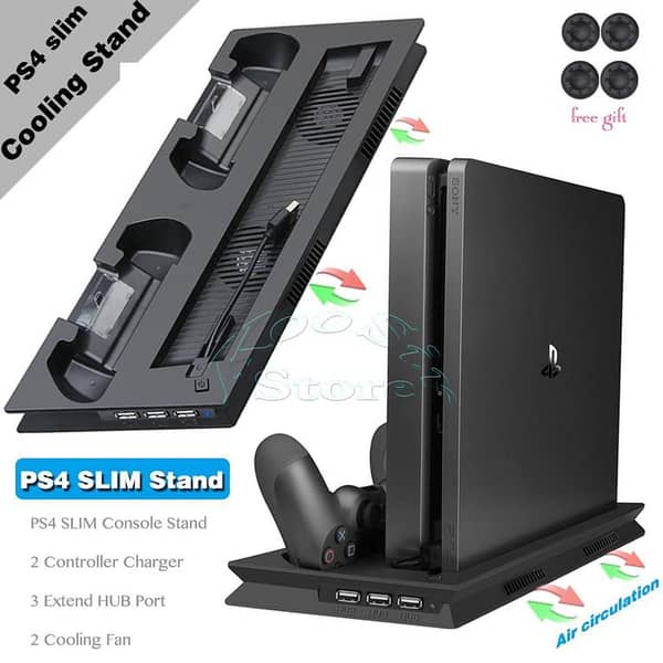 Ultrathin PS4 Slim Vertical Stand with Charging Dock & Cooling Fan – Dual Controllers Charger, Heat Sink, Low Noise
