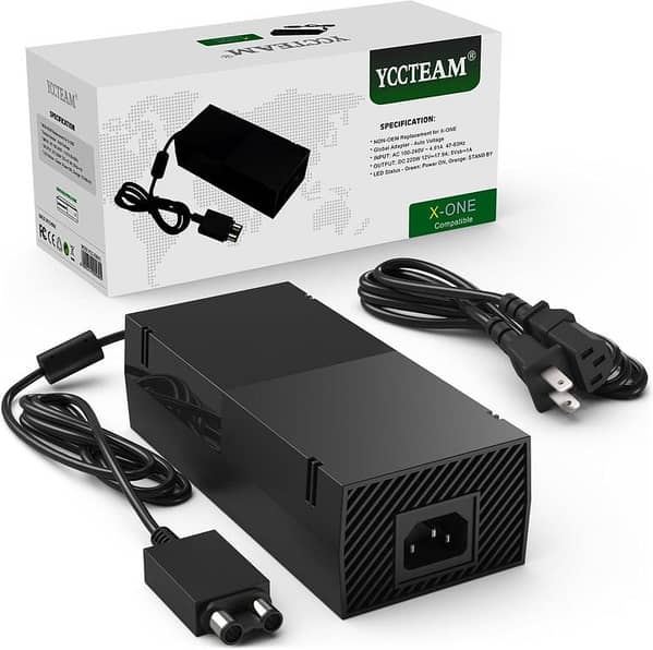YCCTEAM Xbox One Power Supply Brick – AC Adapter Replacement Charger with Cable, Newest Updated Version, 100–240V, Auto Voltage, Black
