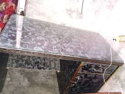 wooden office table+Glass on top+Tow drawers