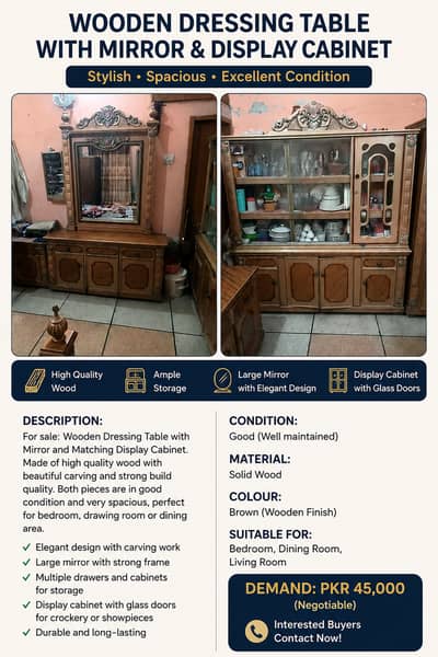 Wooden Dressing Table with Mirror & Matching Crockery Cabinet – Good