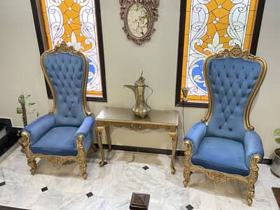 Royal Blue Sofa Chairs with Console Table – 3 Piece Set