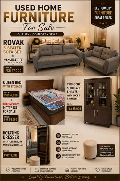 Used Home Furniture for Sale – Sofa, Queen Bed, Showcase & Dresser