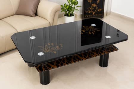 Elegant Black Glass Coffee Table with Gold Design