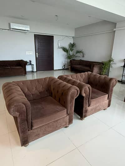 7 Seater Chesterfield Style Sofas - soft velvet fabric