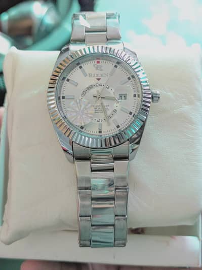 Luxury Men's Silver Stainless Steel Watch | RIZEN Sky-Dweller Design