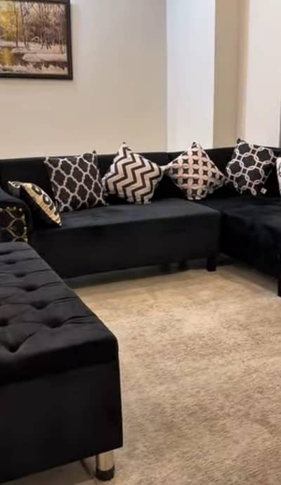 L shaped sofa set with storage puffy