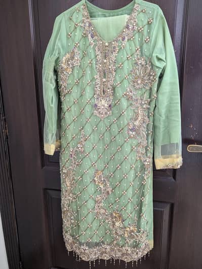 Mint green heavily Embellished Shirt sharara set with net Dupatta