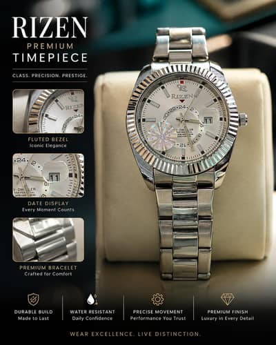 Luxury Men's Silver Stainless Steel Watch | RIZEN Sky-Dweller Design