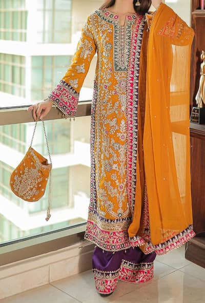 ElegantMustard Yellow Embroidered Dress(Stitched)