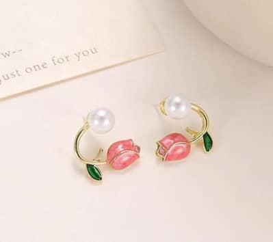 Flower Pearl Earrings Pink Green Leaf Lightweight Daily Wear
