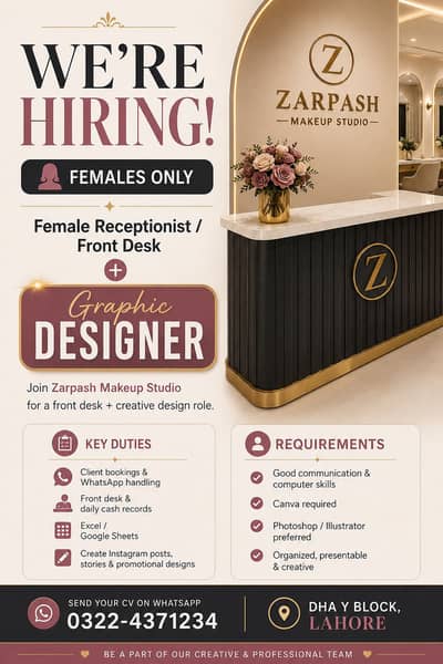 Receptionist / Front Desk & Graphic Designer – DHA Lahore