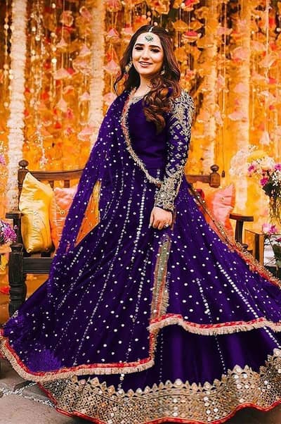 Purple Mirror Work Maxi Suit with Heavy Lace Dupatta (3 Pcs)