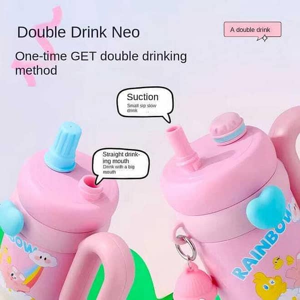 Stanley Style Kids Tumbler with Straw & Handle | 850ml Double Wall Stainless Steel Flask | Hot & Cold Vacuum Insulated Bottle | Cute Cartoon Metal Cup for School, Office & Travel | Leak Proof Thermal Mug, Thermos Tamblar , fancy style for girls