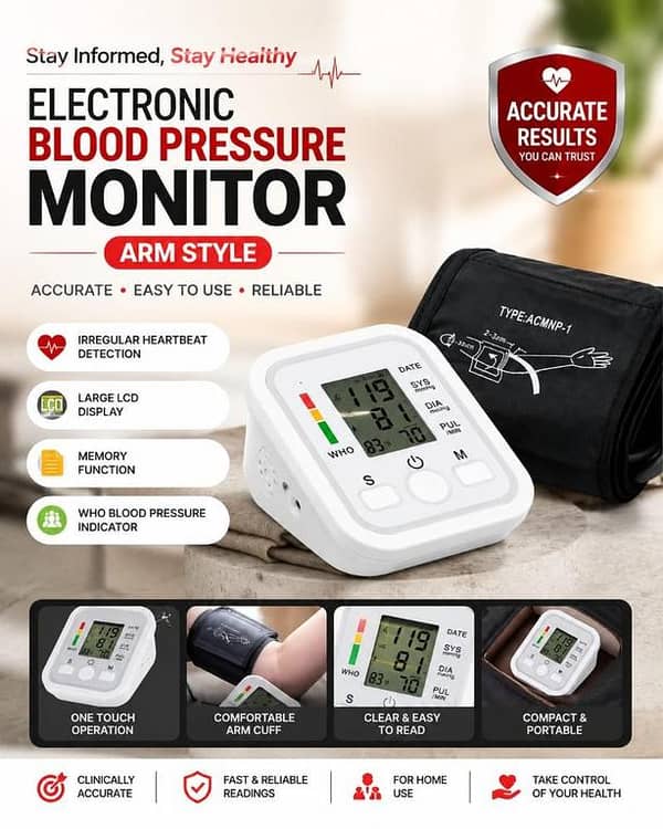 Digital Blood Pressure Monitor Upper Arm Automatic BP Machine with Large LCD Display, Voice Function, USB Rechargeable & Memory – Home Use for Adults & Seniors
