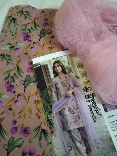 3 pieces unstitched printed shirt and trouser net dupatta